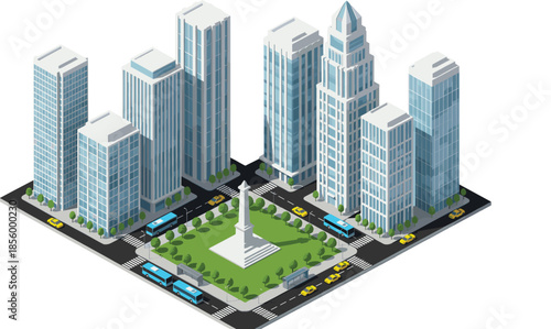 Isometric 3D city center with modern skyscrapers obelisk monument green public park buses and yellow taxis urban landscape.
