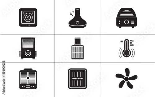 A collection of various electronic devices and appliances displayed in a grid on a white background