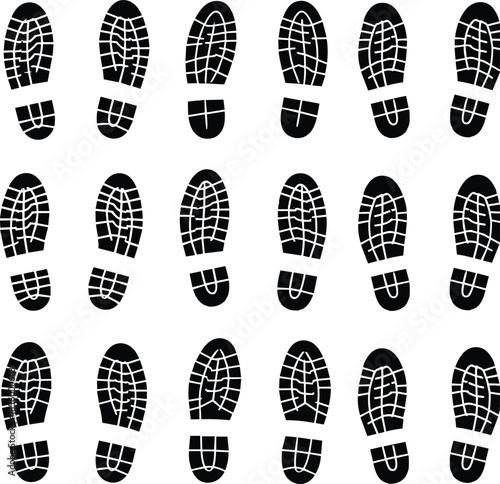 Black Shoe Print Pattern in Grid Layout with Varied Tread Designs for Footprint Identification, Tracking, Forensics, and Visual Puzzle Use
