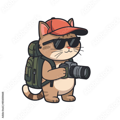 Adorable cartoon cat photographer wearing sunglasses and a cap, holding a camera with a backpack ready for adventure