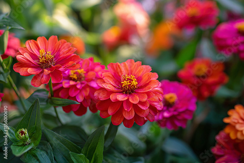 Realistic bright zinnia flowers in full bloom colorful garden lush green leaves scenic view