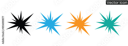 Set of colorful starburst icons in black, blue, orange, and teal, perfect for adding a dynamic touch to designs