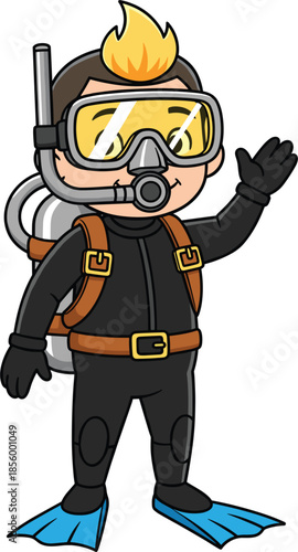 Cartoon scuba diver character in wetsuit with snorkel mask, air tank, fins, and gloves waving hand undersea adventure vector illustration