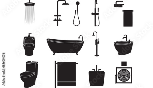 Illustration of bathroom fixtures including a shower, bathtub, and toilet, displayed against a white background from a front viewpoint.