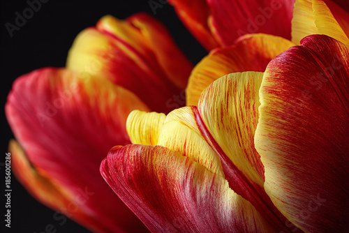 Realistic close up of tulip petals with vibrant red tones captured softly in warm natural daylight