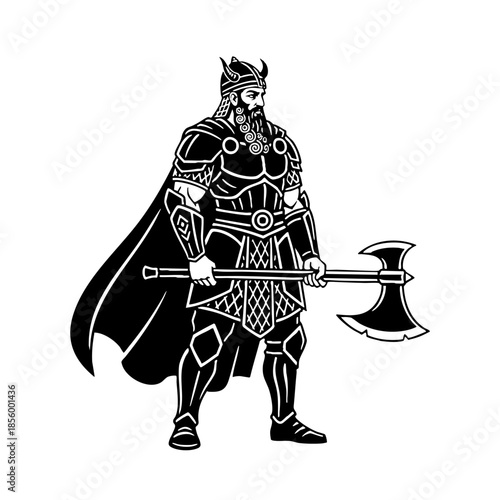 Mighty Norse Viking warrior standing with battle axe illustration