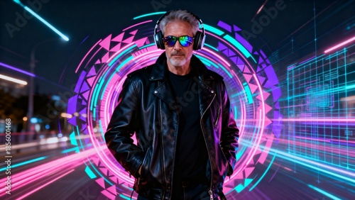 Man in leather jacket with neon background