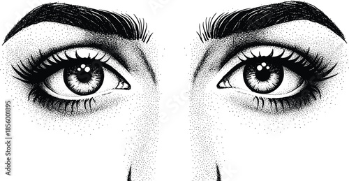 Detailed stipple art facial features eyes eyebrows and lips isolated on white background hand drawn dot work style for beauty