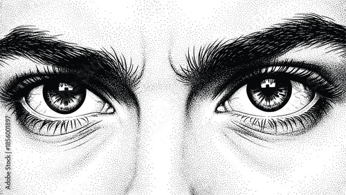 Detailed stipple art human eyes and eyebrows isolated on white background hand drawn dot work style for beauty and fashion