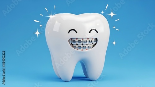 Happy cartoon tooth with dental braces sparkling on a bright blue background.