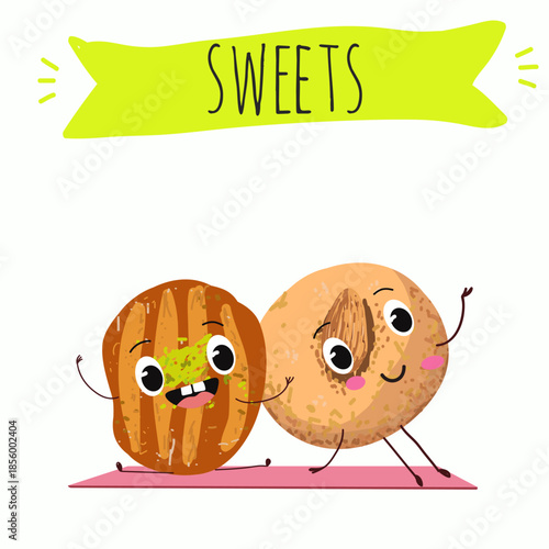 Funny Characters Ekmek kadaif. Turkish,  Eastern sweets. Hand drawn vector illustration.