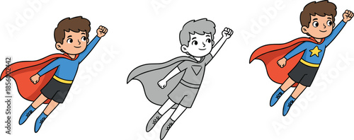 Cute superhero kids flying in sky with colorful costumes and red capes, cartoon character illustration for children fantasy adventure designCute superhero kids flying in sky with colo