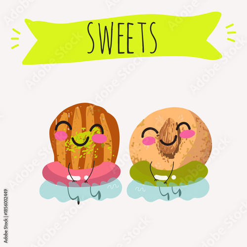 Funny Characters lokma, tulumba. Turkish,  Eastern sweets. Hand drawn vector illustration.