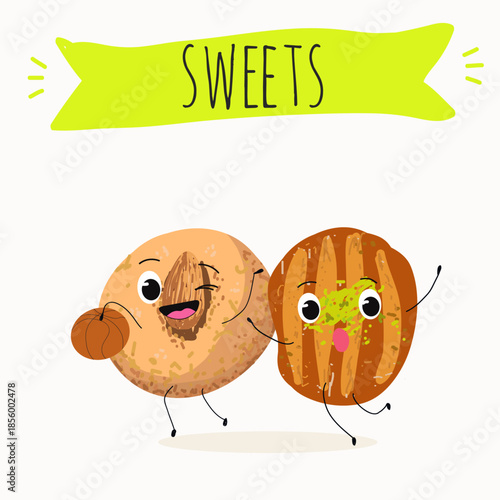 Funny Characters Ekmek kadaif. Turkish,  Eastern sweets. Hand drawn vector illustration.