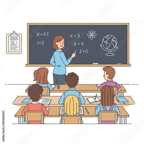Students attentive to teacher explaining math and science concepts on a blackboard in a classroom setting