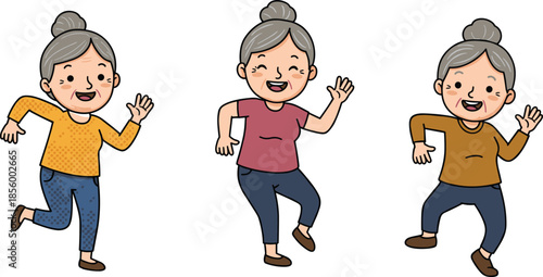 Elderly women dancing cartoon illustration, happy grandmothers exercising, cheerful senior ladies lifestyle, funny old characters vector, active aging woman designElderly women danc
