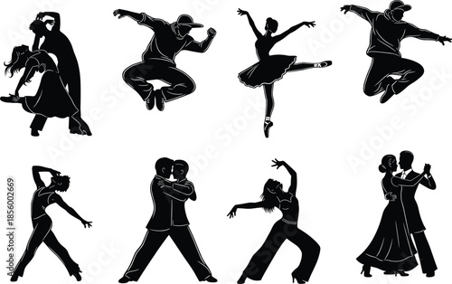 Dance silhouettes of couples and solo performers, ballet, hip hop, tango, modern dance, choreography, artistic movement vector illustrationDance silhouettes of couples and solo perfo