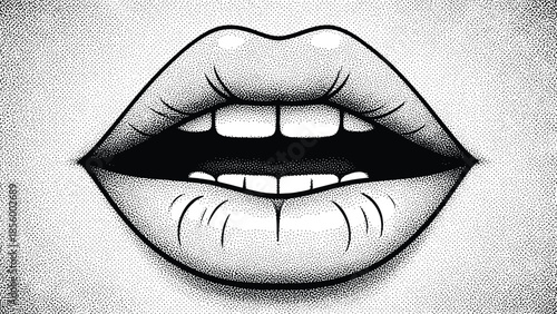 Hand drawn stippled lips and teeth illustration with detailed ink pointillism texture on white background, mouth art, cad drawing flat vector illustration