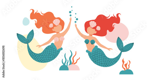 Pair of graceful mermaids swimming together in a minimalist flat design with bubbles and underwater elements in soft colors.