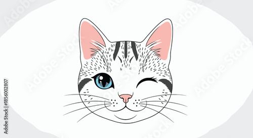 Charming illustration of a white cat head winking with one blue eye and cute pink ears on a clean white gradient background.
