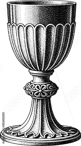 Holy grail ornate chalice illustration with stippled texture, black and white religious cup design, cad drawing flat vector illustration artwork