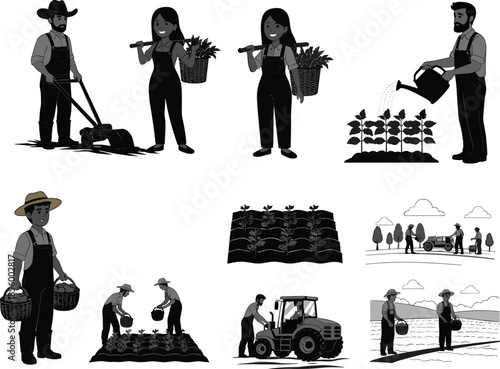 Farmers working in the field with crops, tractor, tools, and vegetables - agricultural labor and farming activities vector illustrationFarmers working in the field with cro