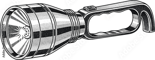 Handheld heavy duty flashlight illustration with stippled texture, black and white industrial search light, cad drawing flat vector illustration artwork