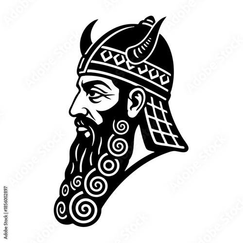 Profile of bearded warrior wearing ornate horned helmet illustration