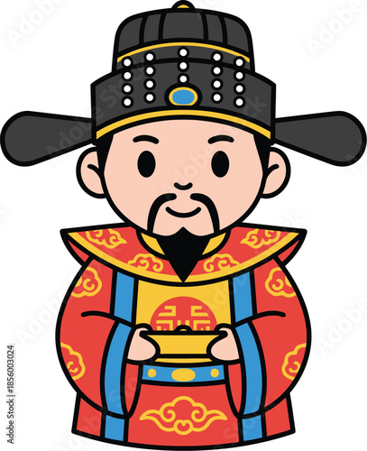 A cartoon illustration of a smiling Chinese man in traditional imperial attire holding a golden object, Chinese / Lunar New Year