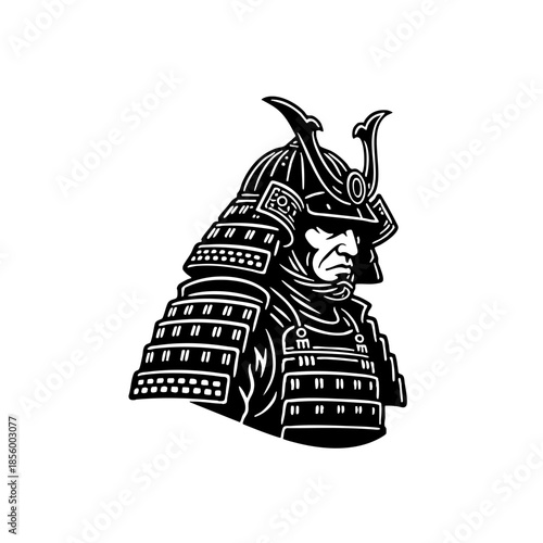 Fierce Japanese Samurai Warrior Head in Traditional Armor Illustration
