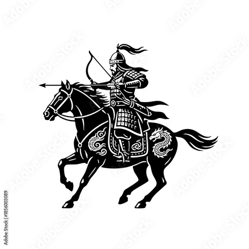 Historical Asian warrior riding horse aiming bow and arrow.