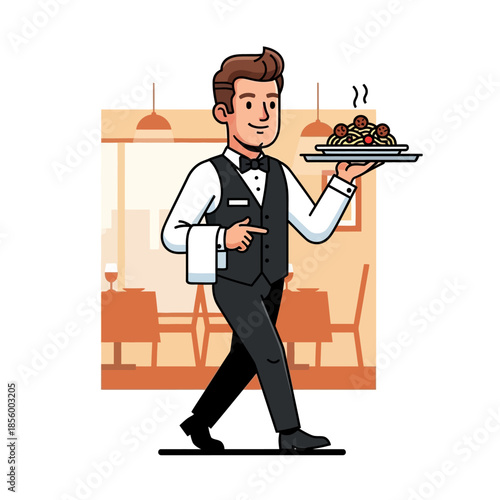 Smiling professional male waiter in a tuxedo presenting a steaming plate of delicious spaghetti, symbolizing excellent restaurant service and a delightful culinary experience