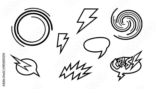Hand drawn comic book design elements vector set containing speech bubbles, lightning bolts, swirls, explosions and sound effects. Black and white doodle sketch isolated on white background.