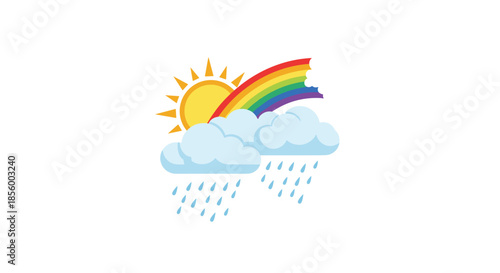 Weather forecast icon featuring a bright sun a colorful rainbow with clouds and raindrops against a white background.
