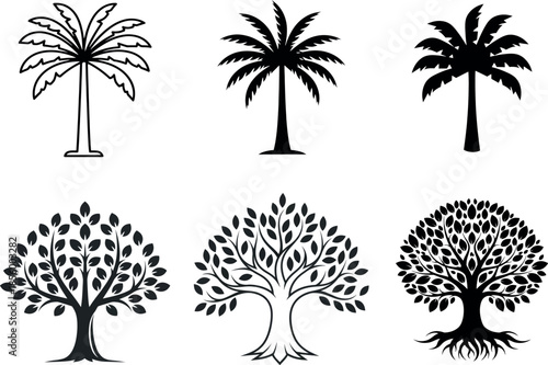 Diverse tree silhouettes collection featuring palm and broadleaf designs for natural themes
