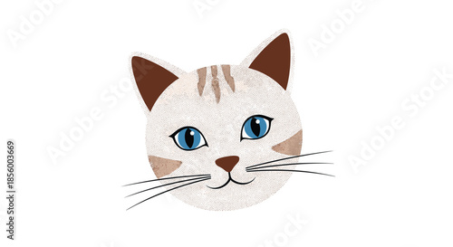 Sweet Siamese cat head with blue eyes and brown markings on the ears and forehead in a soft textured vector style.