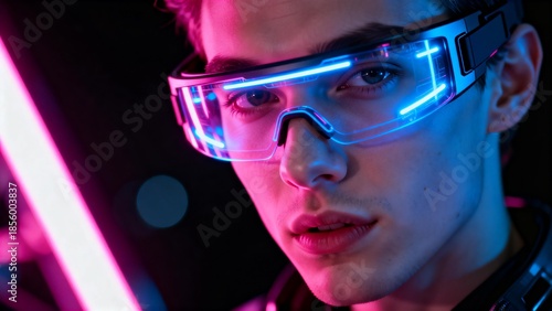 Closeup of a person wearing futuristic glowing glasses