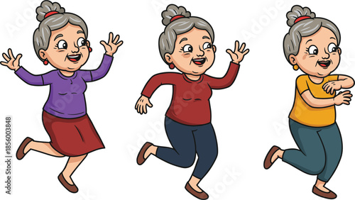 Happy senior women dancing cartoon illustration, cheerful elderly characters exercising, active old ladies lifestyle, funny grandma vector design, cute aging charactersHappy sen