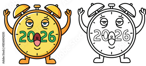 A humorous 2026 New Year's alarm clock cartoon character is yawning For a coloring book page or holiday design use this vector art of a weary time mascot in both color and black and white