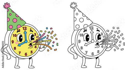A humorous clock cartoon character using confetti to blow a party horn For a coloring book page and design