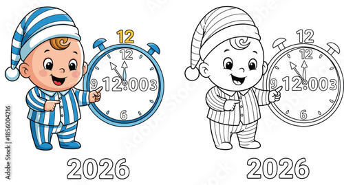 For New Year's 2026 a cute cartoon baby boy in pajamas points at the clock. A vector drawing of a joyful child mascot with time