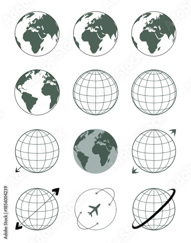 earth, global image, icon set for worldwide connectivity, international business networking, communication technology, planet logistics, and environmental sustainability concepts in a modern vector.
