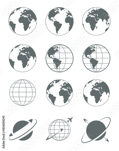 earth, global image, icon set for worldwide connectivity, international business networking, communication technology, planet logistics, and environmental sustainability concepts in a modern vector.