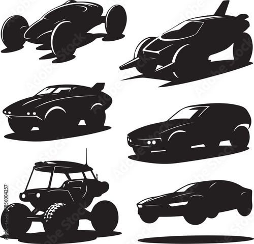 Collection of futuristic and offroad vehicles isolated illustration