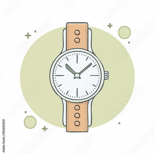 Minimalist wristwatch illustration with leather strap and simple dial design