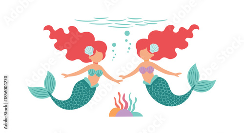 Two lovely mermaids swimming together under the sea with bright red hair green tails and underwater plants and shells.