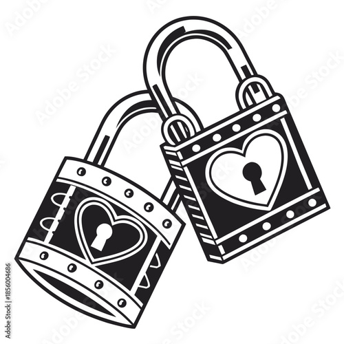 Two intertwined heart padlocks with keyholes, surrounded by small hearts; black-and-white love symbol.