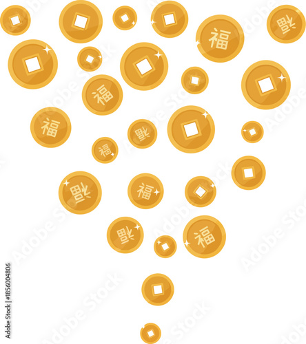 Golden coins with Chinese characters forming a heart shape on a white background, symbolizing good fortune and prosperity Chinese / Lunar New Year