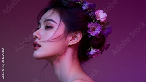 Woman with floral hair accessory in profile