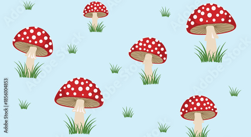 Seamless pattern features cute red mushrooms with white spots and small tufts of green grass on a light blue background texture.